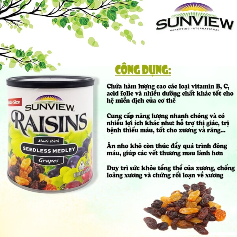 Nho khô Sunview Raisins Mỹ không hạt 3 màu Giàu Vitamin khoáng chất, Món ăn vặt tốt cho tim mạch (425g/hộp) - Massel Official