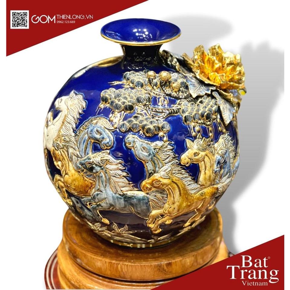 Bình Hút Lộc Mã Đáo Thành Công Màu Xanh Tím -Vẽ Vàng Đắp Nổi Hàng Kỹ -Bình Tài Lộc Bát Tràng -Gốm Thiên Long