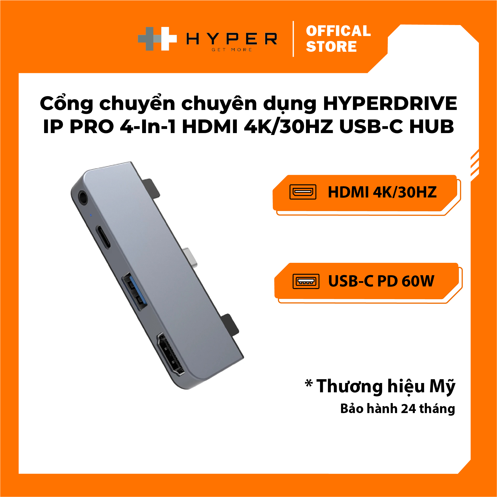 CỔNG CHUYỂN CHUYÊN DỤNG HYPERDRIVE CHO IPAD PROMACBOOKSURFACE 4 IN 1 HDMI 4K30HZ USB-C HUB HD319E
