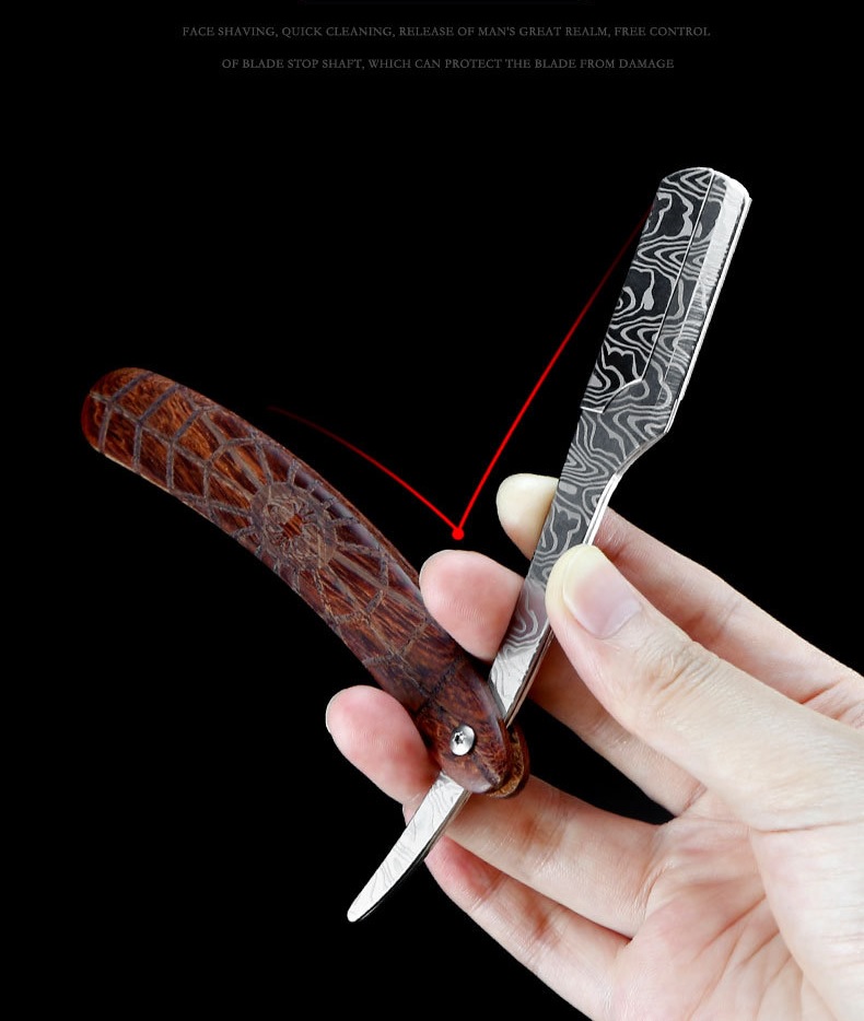 Dao Cạo Râu Vân Damascus Cán Gỗ Cao Cấp