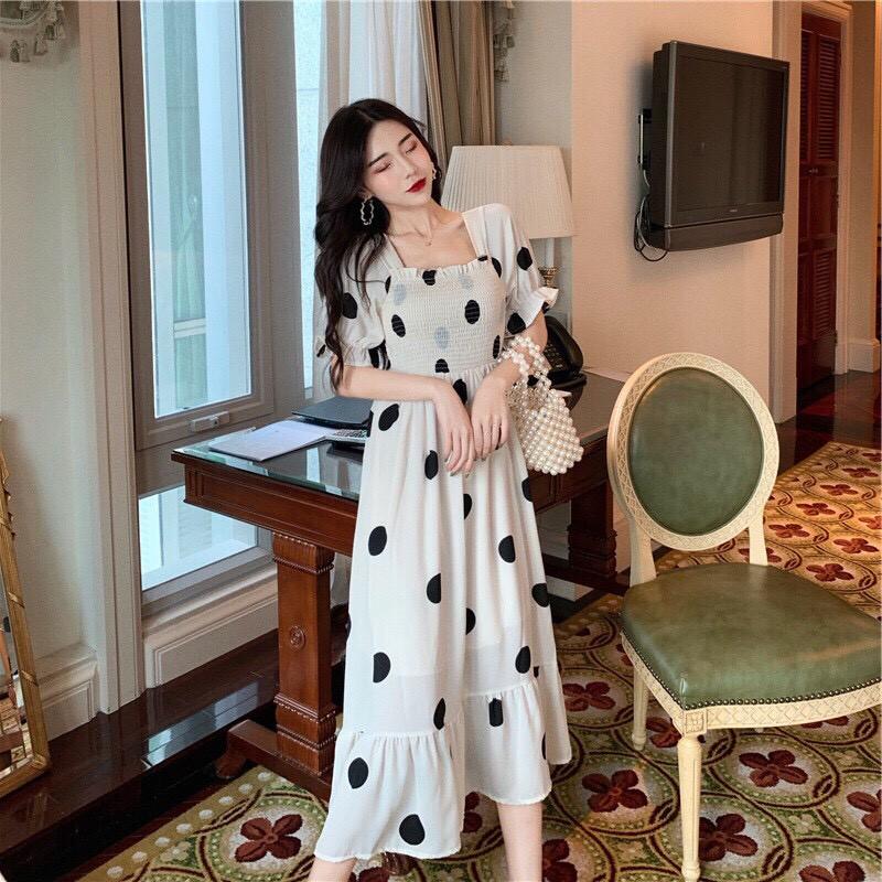 Váy bầu xinh chất lụa 2 lớp Đầm bầu thời trang thiết kế chun ngực chấm bi