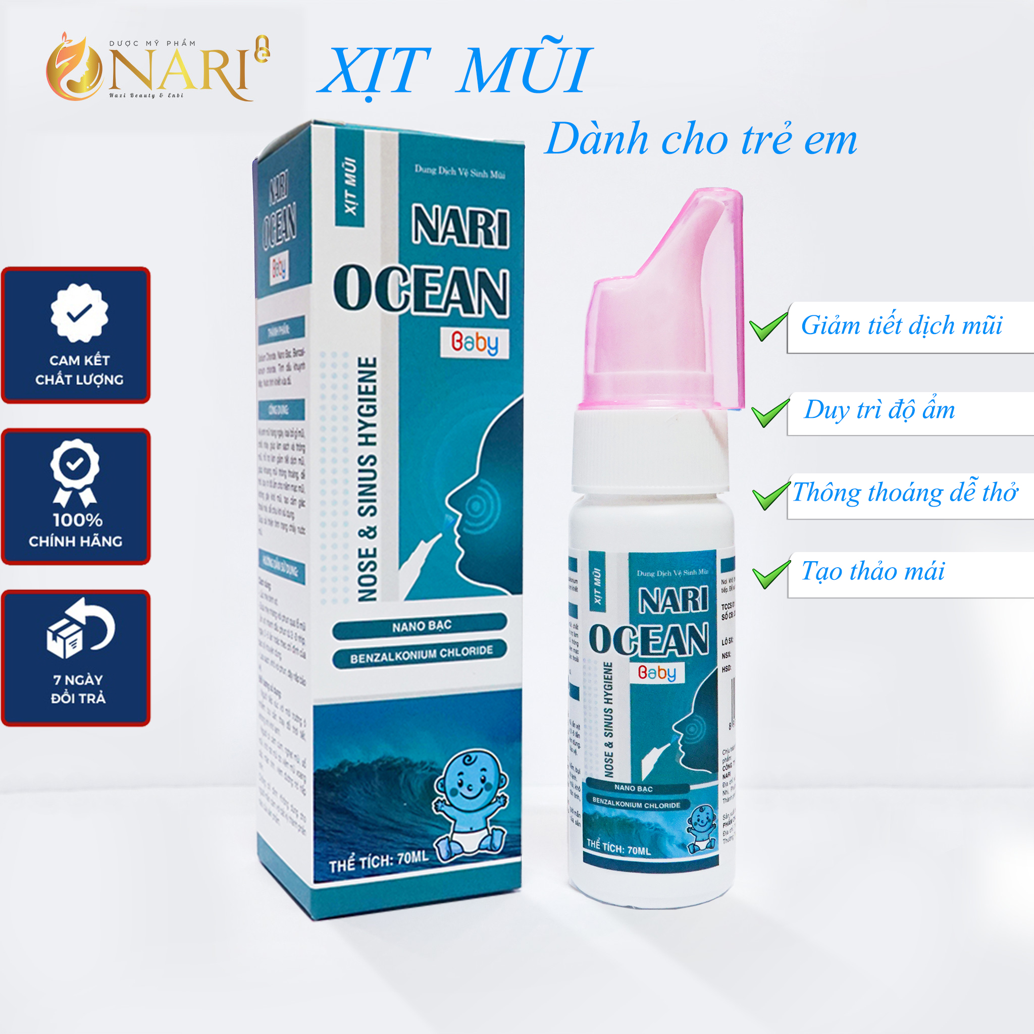 Xịt mũi Ocean Nari cho trẻ em với Nano Bạc và tinh dầu khuynh diệp giúp sạch vi khuẩn vi nấm đường hô hấp tạo thông thoáng giảm tiết dịch giảm khô rát lọ 70 ml