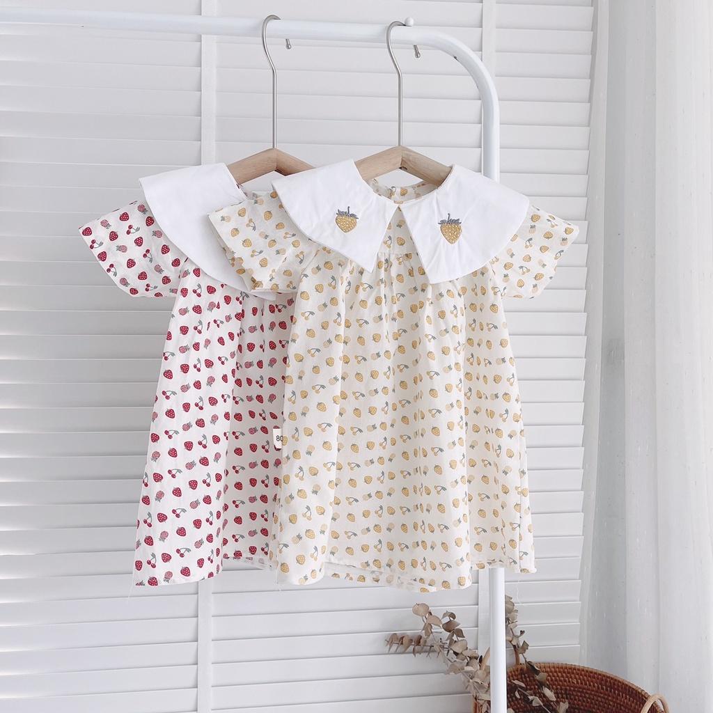 Váy hè cho bé gái 1-6 tuổi cộc tay cổ sen thêu dâu tây, Đầm babydoll trẻ em hàng thiết kế thoáng mát