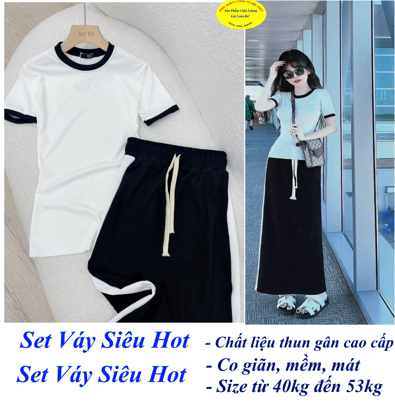 Set bộ đồ nữ Áo trắng kèm Đầm đen sọc trắng siêu hot Size từ 40kg đến 53kg Chất liệu thun gân cao cấp, Co giãn, Mềm mại