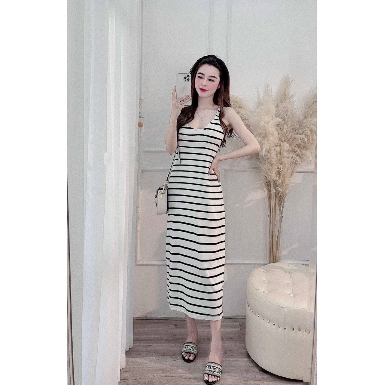 Đầm maxi nữ dáng xòe ba lỗ chất thun cotton co dãn, Váy nữ dài sát nách vintage trẻ trung rẻ đẹp