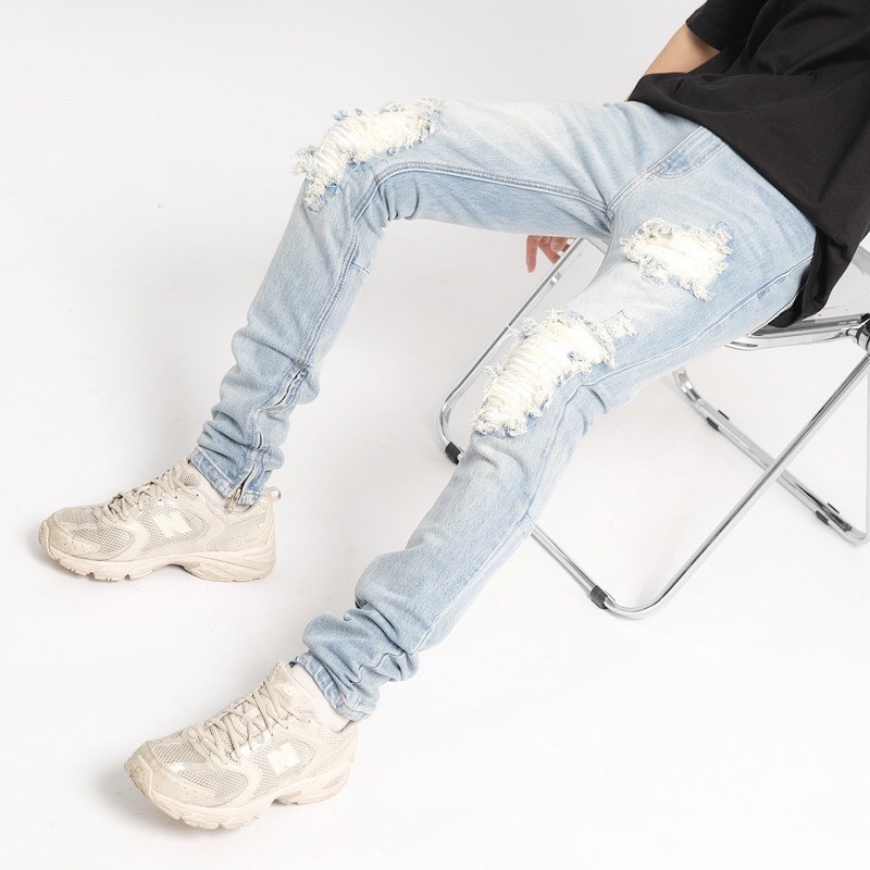 Quần jean nam rách vá gối đắp da phối màu chất bò cao cấp co dãn 4 chiều đẹp form slim fit mẫu mới