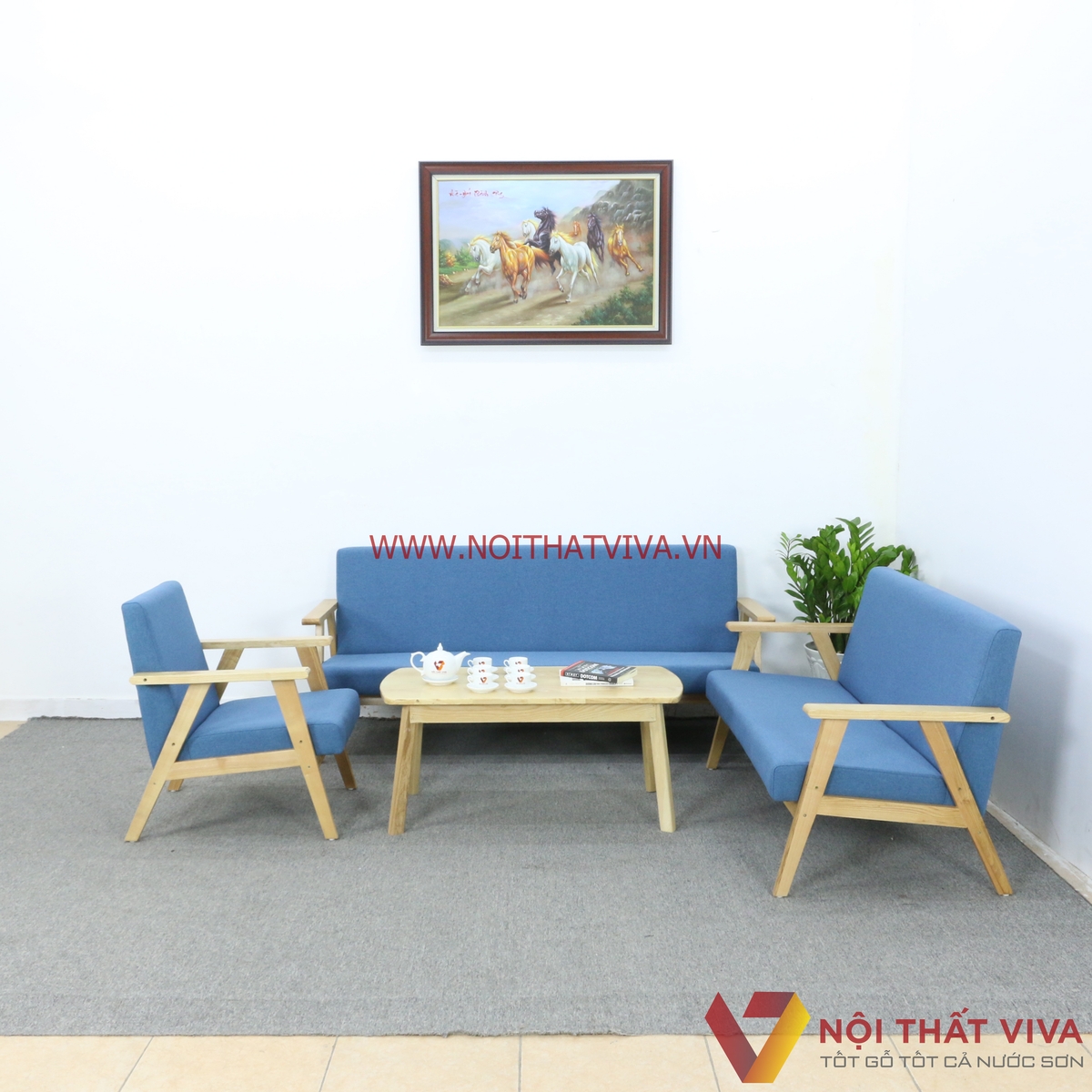 Bộ Sofa Văng Gỗ Sồi Nga Bọc Nỉ Màu Xanh Dương Đơn Giản Hiện Đại Giá Rẻ