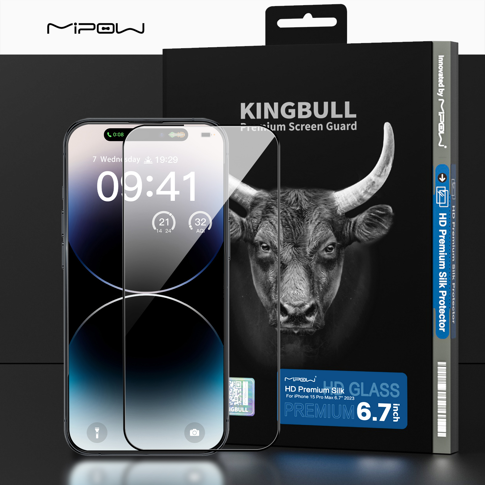 Miếng Dán Kính Cường Lực Trong Suốt Mipow KingBull Dành Cho iPhone 15 Pro Max / 15 Pro / 15 Plus / 15, HD PREMIUM SILK - HÀNG CHÍNH HÃNG