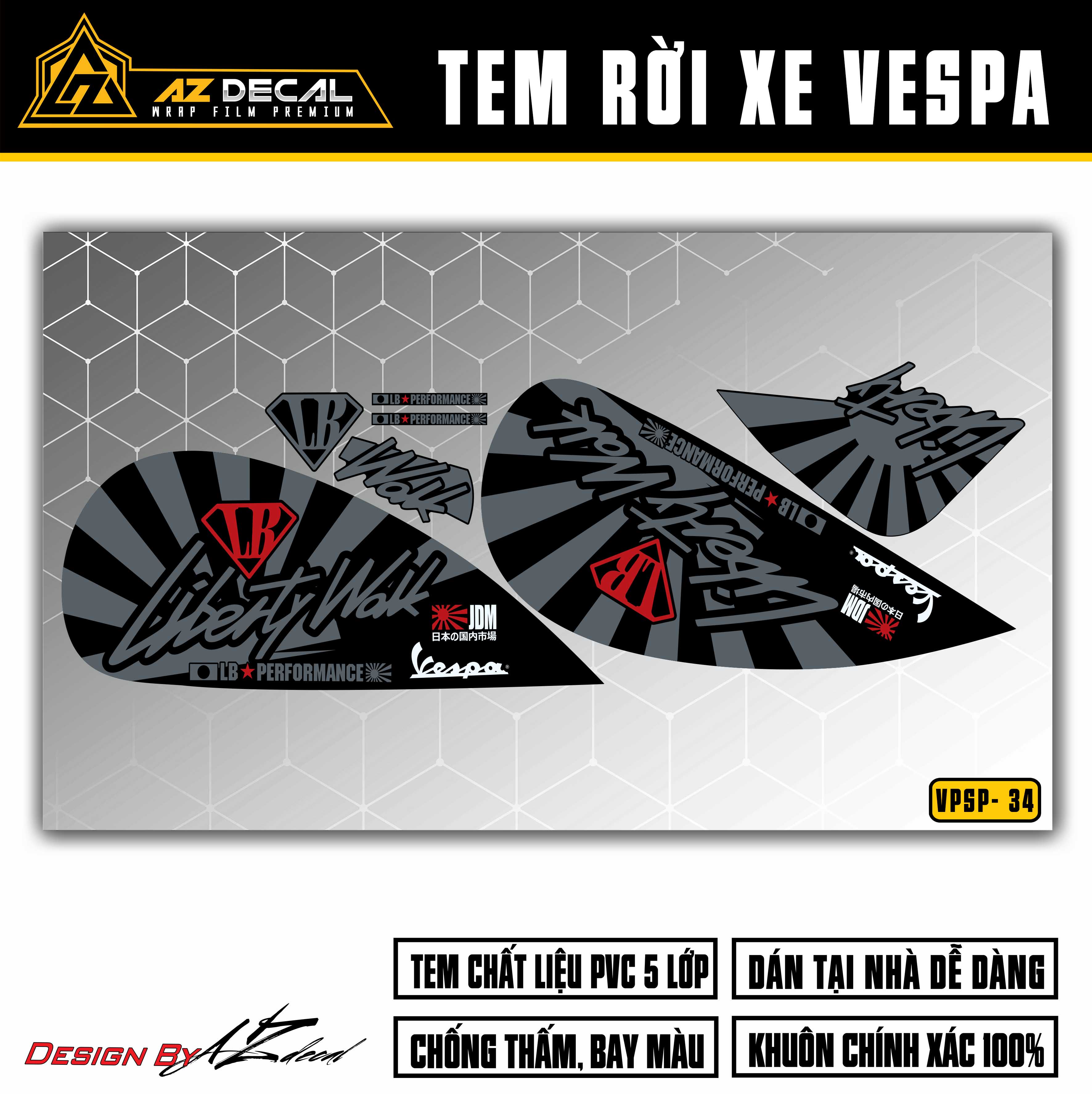 Decal Rời Dán Xe Vespa Sprint / Primavera Mẫu Libertywalk | VP34 | Tem Chế Xe Máy Chống Nước, Chống Phai Màu, Dễ Dán