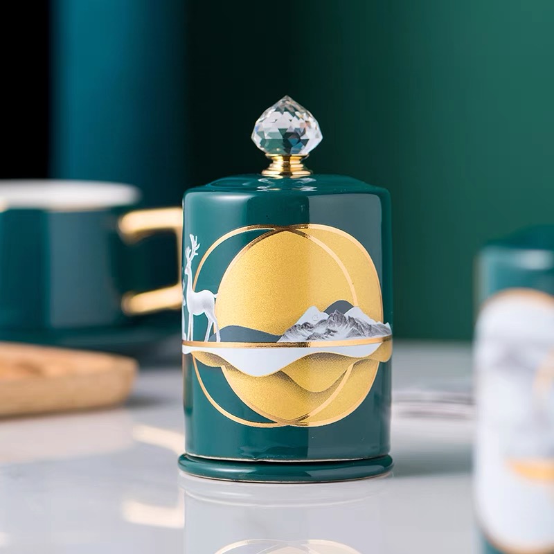 Lọ đựng tăm xanh sứ hoa văn hươu cao cấp vàng kim