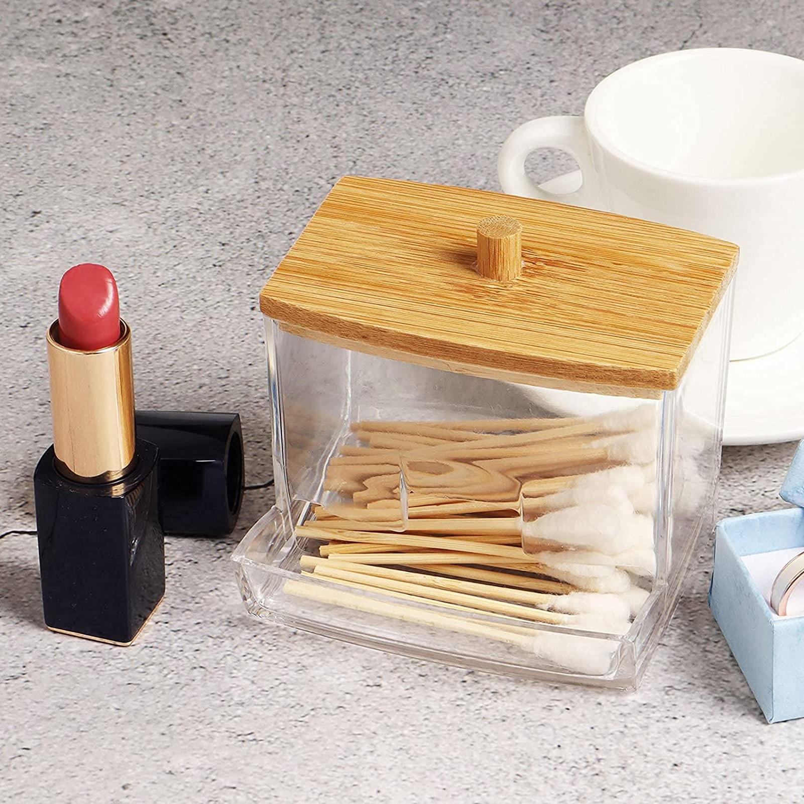 Giá đỡ lưu trữ bông gạc acrylic, tăm bông trong suốt với nắp bằng tre
