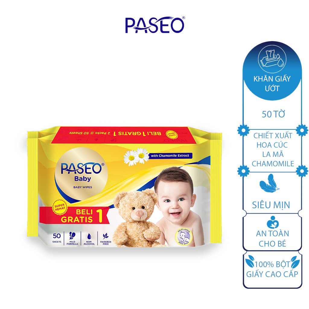 Combo 3 Khăn ướt em bé Paseo 50 tờ (1+1) –chiết xuất hoa cúc la mã Chamomile và 3 gói khăn giấy Paseo baby 50 tờ 3 lớp mềm mịn.