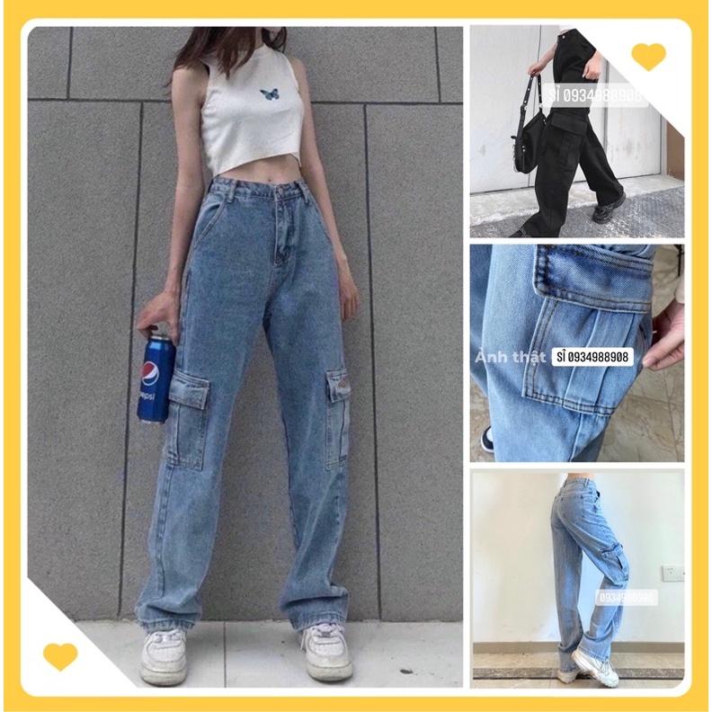 Quần jean nữ ống xuông lưng cao túi hộp hot trend H.N.M STORE