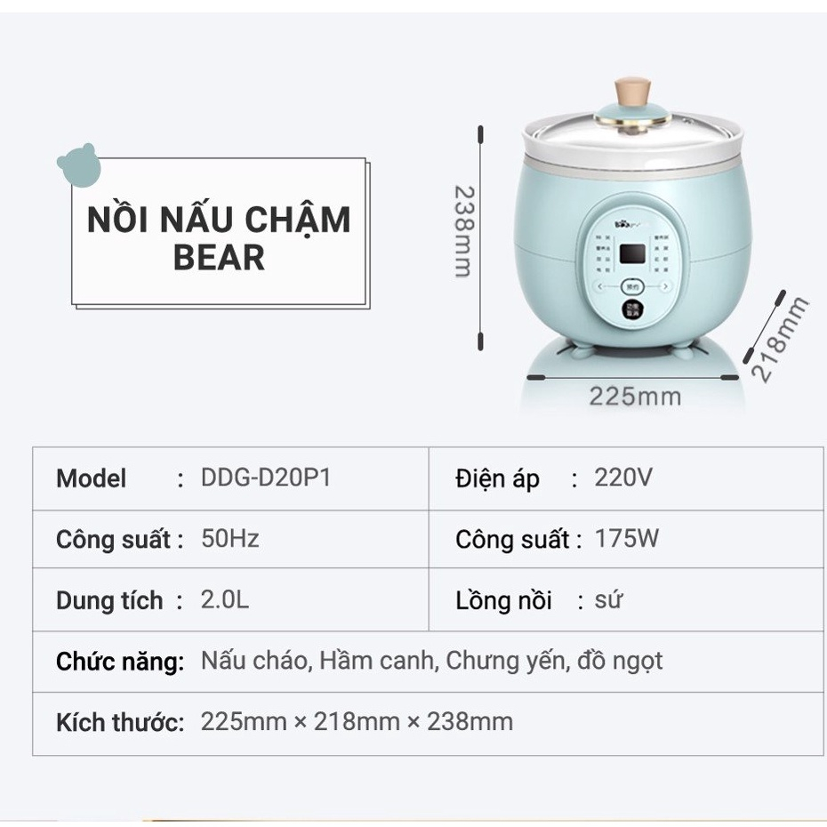 Nồi nấu chậm đa năng Bear DDG-D20P1 2L - Bảo hành 18 tháng - Hàng chính hãng