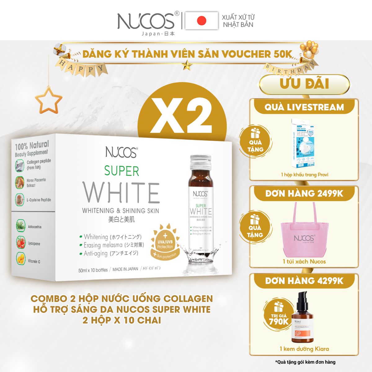 Combo 2 Hộp Collagen trắng da mờ thâm nám Nucos Super White 2x50mlx10 chai