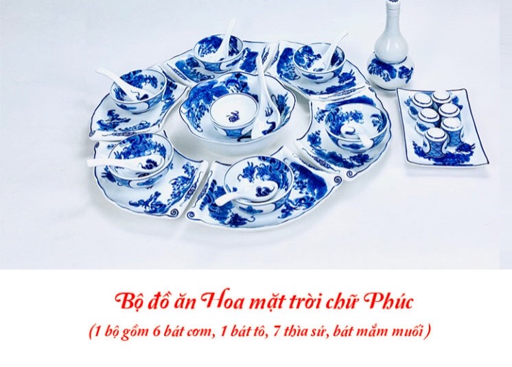 BỘ BÁT ĐĨA MẶT TRỜI CUỐN THƯ MEN LAM VẼ TAY CHỮ PHÚC 54cm.