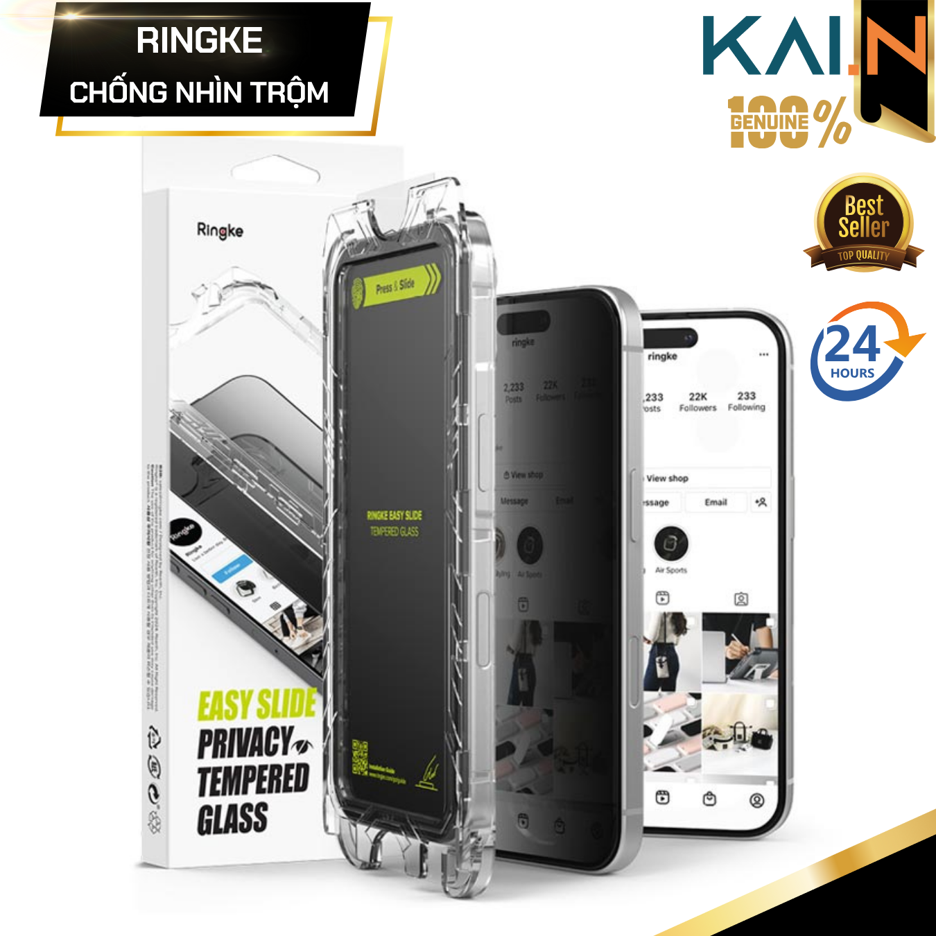 Bộ 2 Kính Cường Lực Chống nhìn Trộm Dành Cho iPhone 16 Pro Max/ 16 Pro/ 16 Plus/ 15 plus/ iphone 16/ 15 RINGKE Easy Slide Privacy Tempered Glass_ Hàng chính hãng