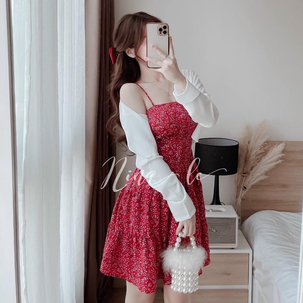 Set đầm hai dây hoa nhí màu đỏ xếp tầng kèm áo khoác dài tay siêu xinh