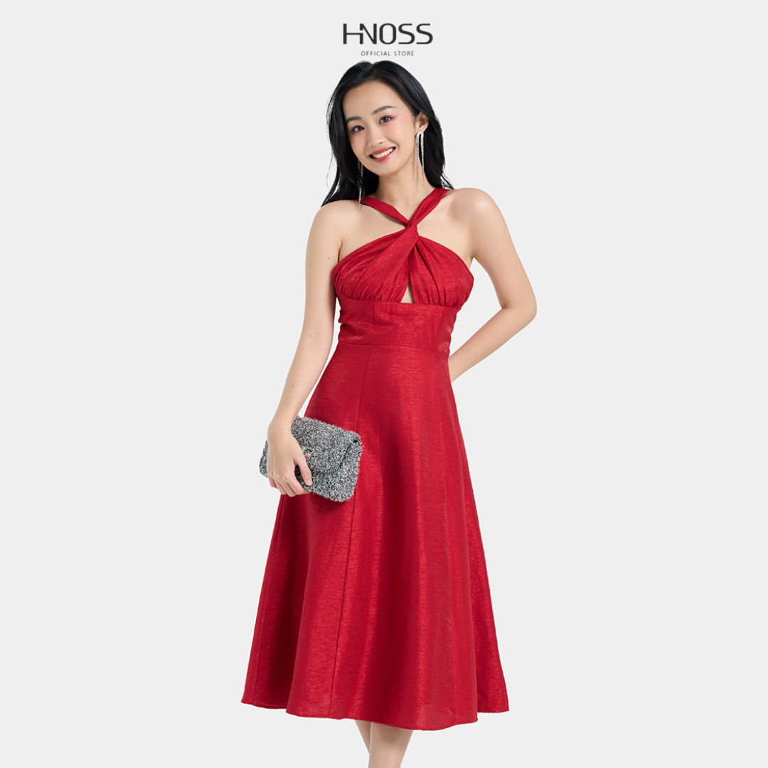 Đầm Cổ Yếm Nữ Thời Trang HNOSS Form Dài Xoắn Dây HNDLU085