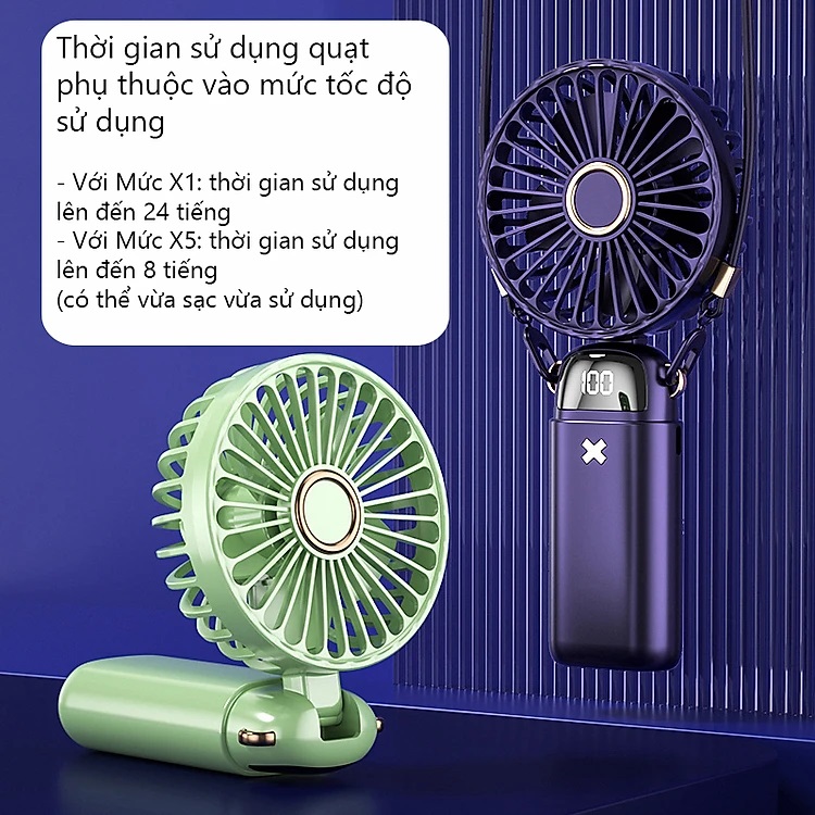 Quạt Mini Cầm Tay DS18 Gấp Gọn Để Bàn, Đeo Cổ, Sử Dụng Liên Tục Lên Đến 24 Tiếng, Pin Lithium Lõi Kép