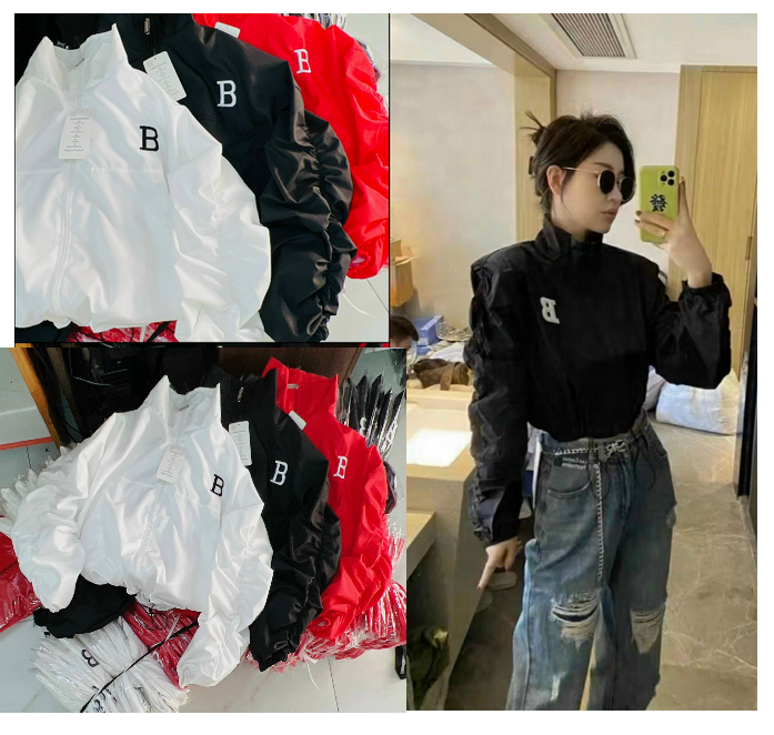 Hình ảnh Áo khoác dù nữ 2 lớp phối màu kiểu dáng croptop full ziper THÊU CHỮ B cực đẹp có dây rút lai