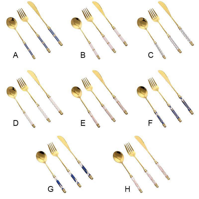 Vàng Chén Ăn Bộ Gốm Tay Cầm Thép Không Gỉ Kiềng Bạc Phẳng Bằng Dao Muỗng Nĩa Dao Kéo Nhà Đồ Dùng Nhà Bếp 3 Cái/bộ