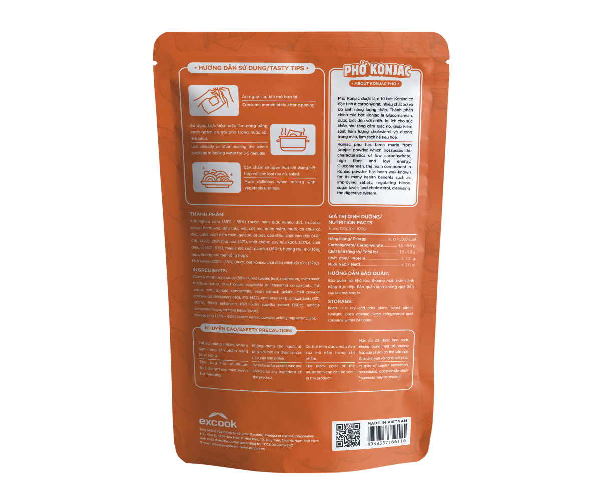 Phở konjac Xốt nghêu nấm-Phở tươi thượng hạng Exnoodle, ít calorie,giàu xơ,không chất bảo quản, sd trực tiếp