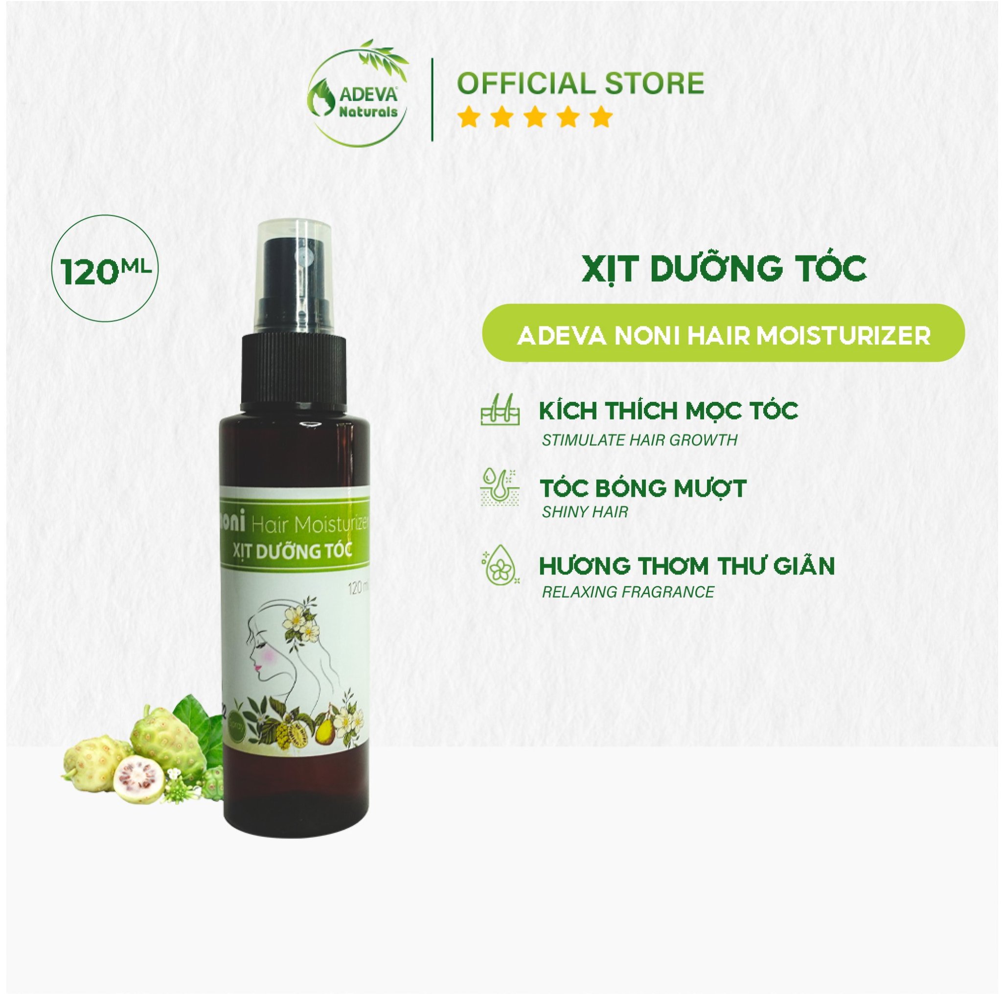 Xịt Dưỡng Tóc ADEVA NONI HAIR MOISTURIZER Cấp Ẩm Cho Tóc, Hạn Chế Xơ Rối, Giảm Rụng Tóc, Kích Thích Mọc Tóc 120ML