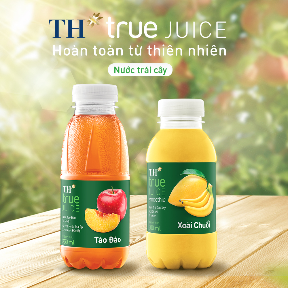 Thùng 12 chai táo đào &amp; 12 xoài chuối tự nhiên TH True Juice 300ml (350ml x 24 chai)