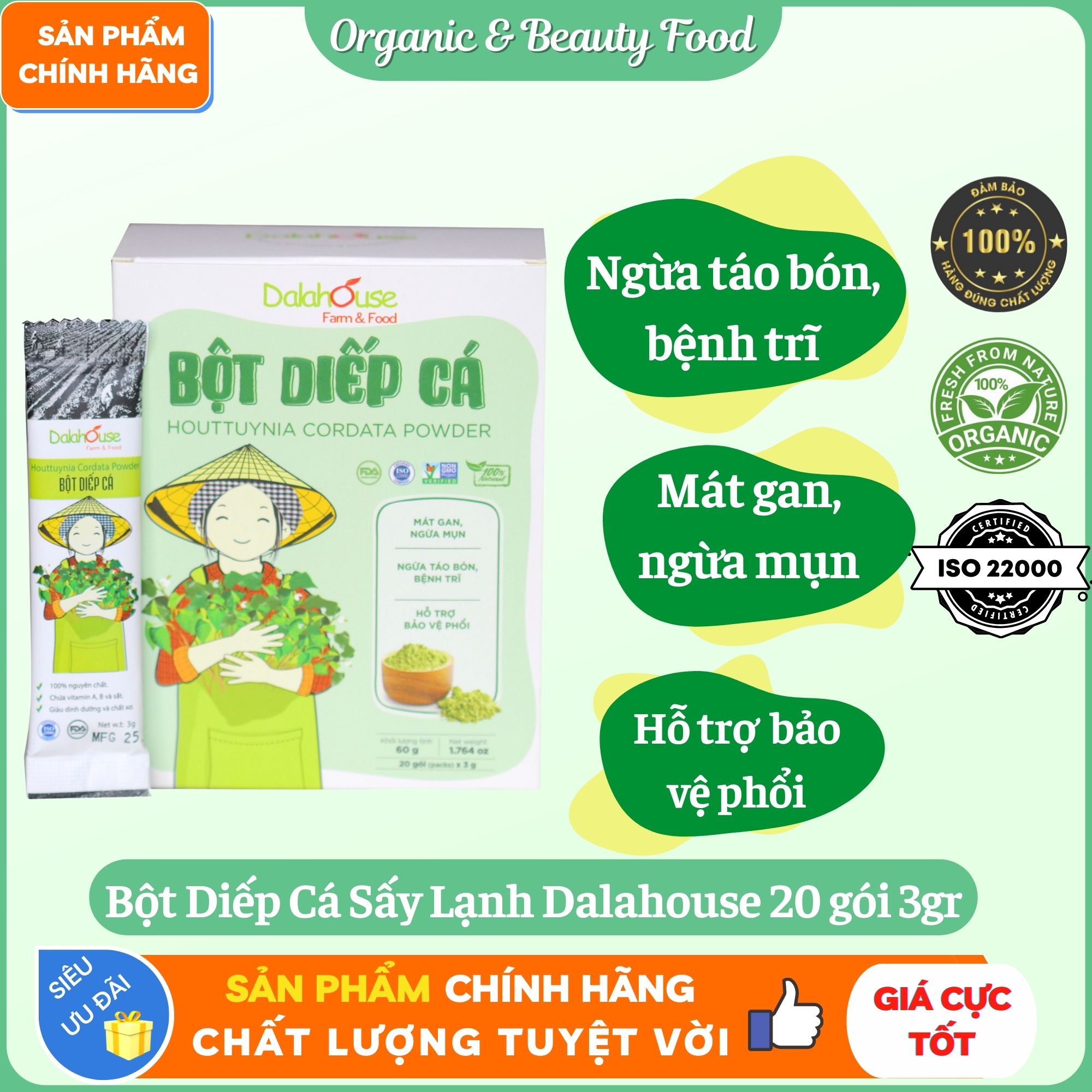 Bột Diếp Cá Hữu Cơ Sấy Lạnh Nguyên Chất Dalahouse - Hộp 20 gói 3gr - Ngừa táo bón, bệnh trĩ - Mát gan, ngừa mụn, hỗ trợ bệnh phổi