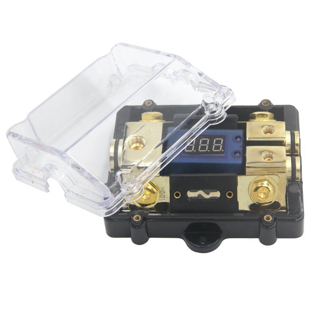 Cầu chì ANL 100A chia nguồn ô tô 1 ra 2  tự ngắt có bảng hiển thị điện áp Led mạ vàng 24K cao cấp