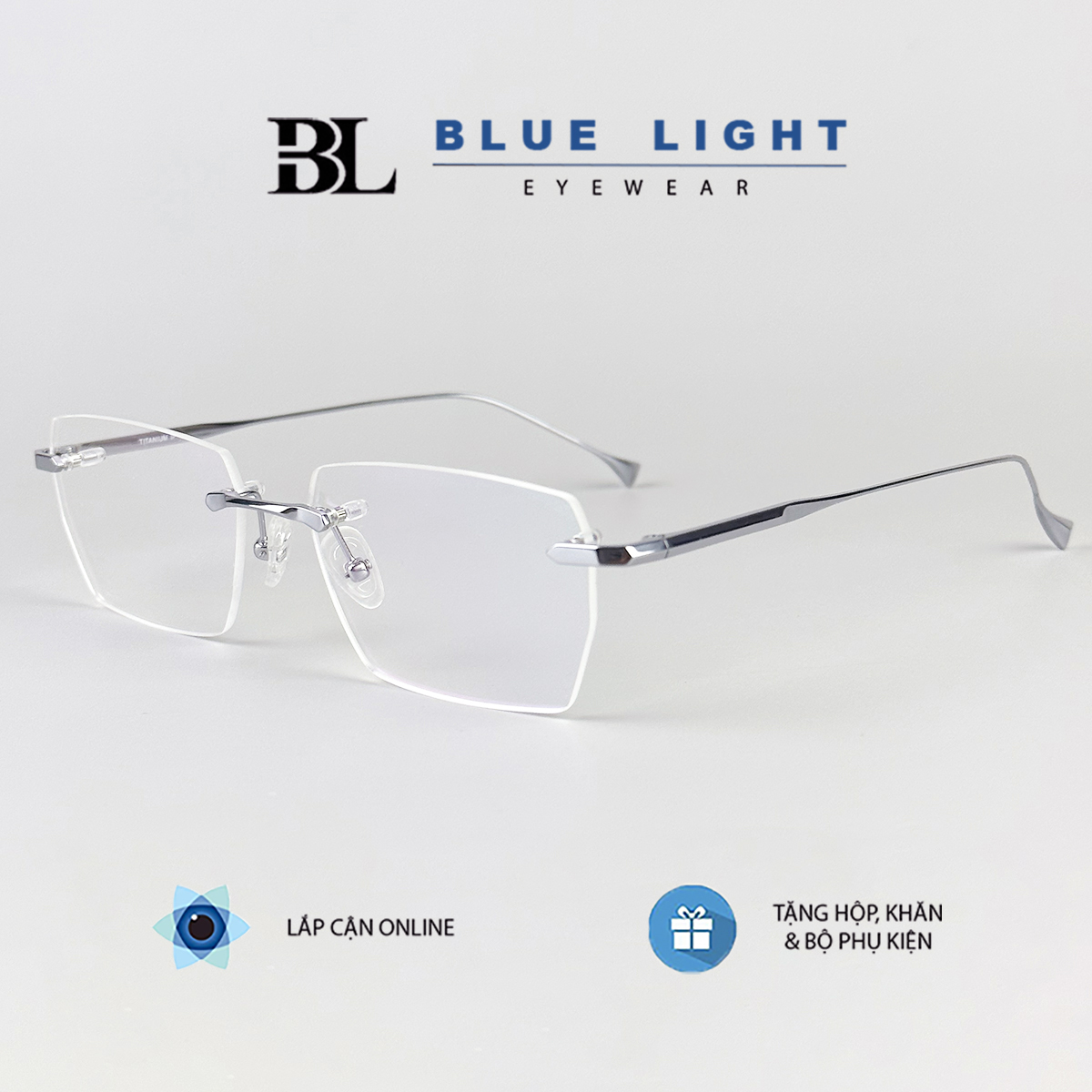 Gọng Kính Cận Giả Cận Nam Nữ Cao Cấp Titanium BLUE LIGHT Mắt Khoan Không Viền Chữ Nhật Bạc Đen Vàng Dày Dặn Cứng Nhẹ