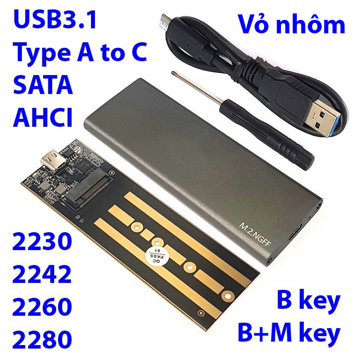 Box SSD vỏ nhôm M.2 chuẩn SATA, AHCI USB-A-C 3.1 M280C