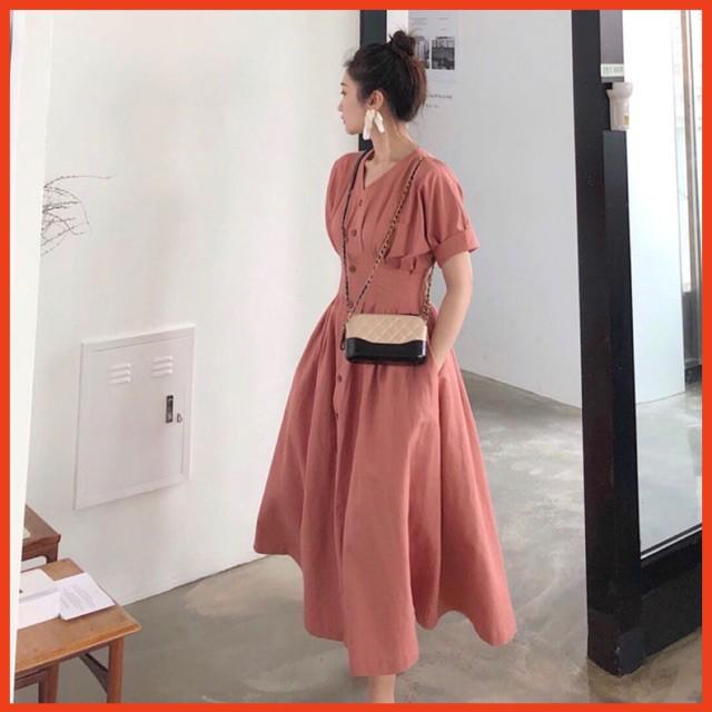 Đầm Suông Dài Hồng Đậm Xếp Li