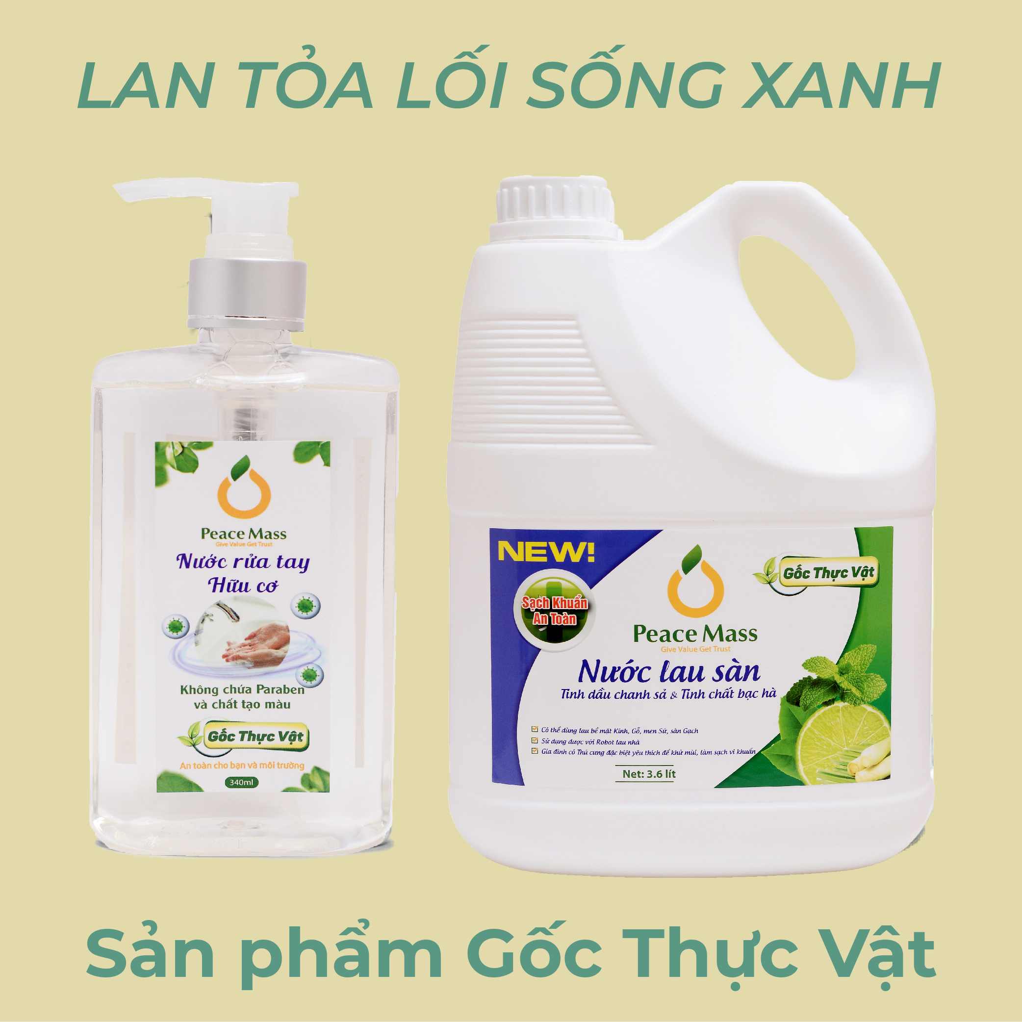 Combo Sản Phẩm Gốc Thực Vật LSB2 Peace Mass - Nước Lau Sàn TD Chanh Sả - Bạc Hà 3.6l + Nước Rửa Tay 340ml