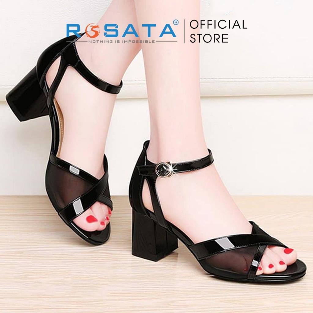 Dép nữ ROSATA RO364 giày xăng đan cao gót 4 phân đi làm thanh lịch quai lưới gót trụ vuông - Đen