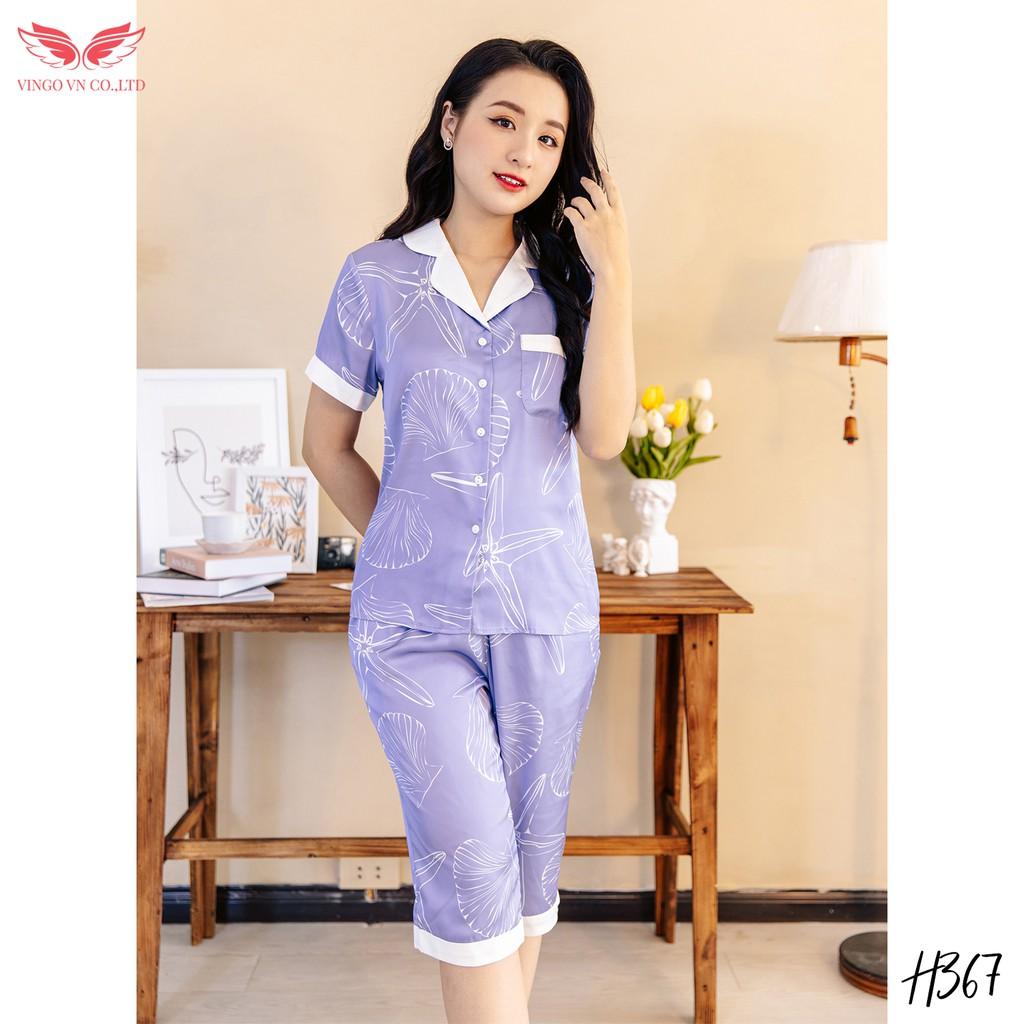 VINGO Bộ Đồ Mặc Nhà Nữ Kiểu Pyjama Lụa Pháp Cao Cấp Tay Cộc Quần Lửng Họa Tiết Trắng Phối Nền Tím Nhạt H367 VNGO - TCQL