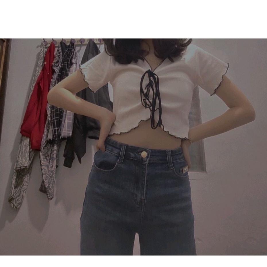 Áo croptop kiểu nữ tay ngắn phong cách Hàn quốc thiết kế đan dây trước ngực- AO081
