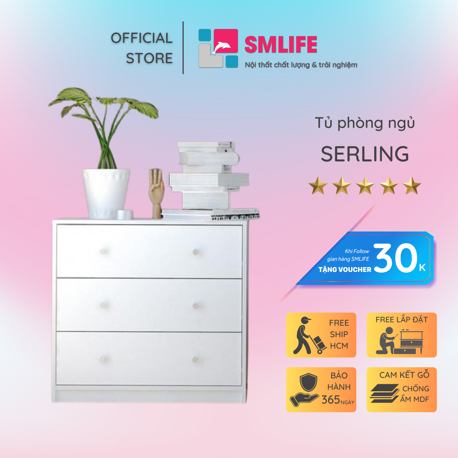 Tủ phòng ngủ gỗ hiện đại SMLIFE Serling | Gỗ MDF dày 17mm chống ẩm | D72xR30xC70cm
