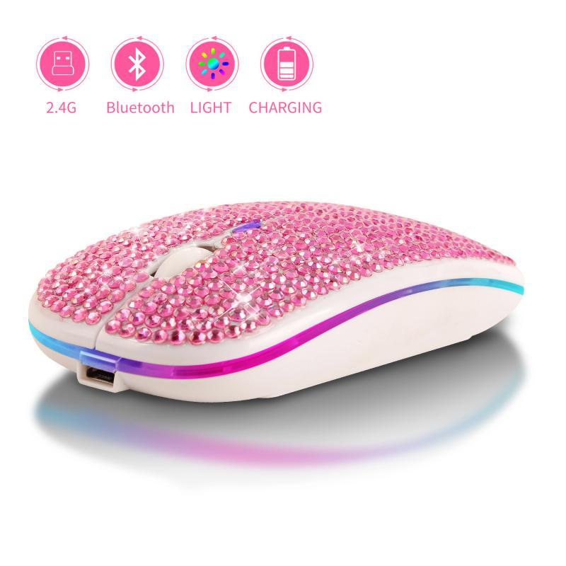 Chuột Không Dây Hồng Kim Cương Vỏ 1600DPI 3 Bánh Răng Có Thể Điều Chỉnh Máy Tính Chơi Game Đèn Nền Chuột Tắt Tiếng Cô Gái Tặng Trò Chơi Máy Tính