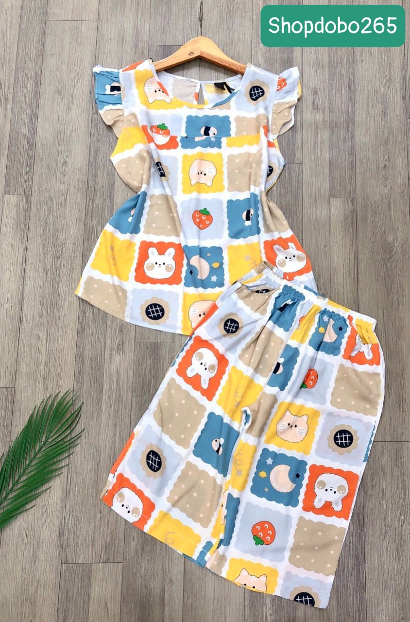 Đồ bộ nữ, đồ ngủ mặc nhà lửng tay cánh tiên vải lanh mềm ,mát BL 183 họa tiết dễ thương size 45-70kg
