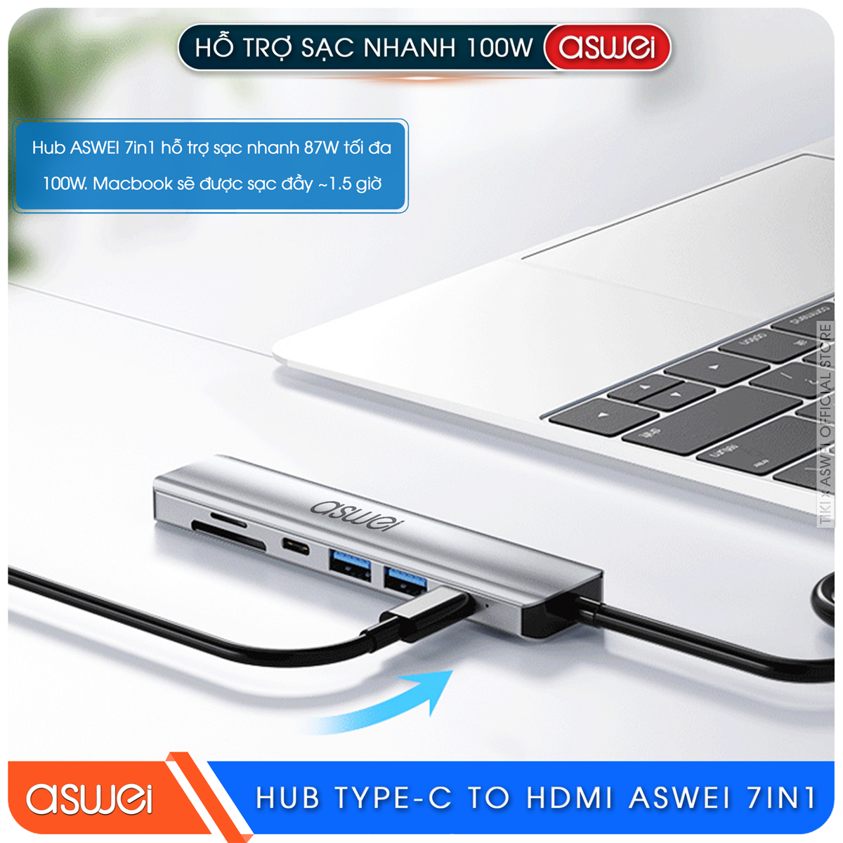 Hub Type C ASWEI 7 in 1 To HDMI, USB 3.0, SD, TF, USB-C, PD 100W - Hàng Chính Hãng