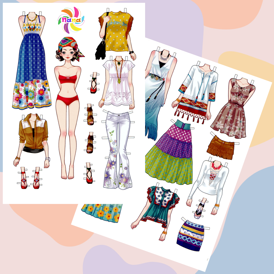 Búp bê giấy (paper doll) thay đồ phong cách Hàn Quốc giấy cắt thủ công cho bé Combo 6 hình siêu đáng yêu BBG0018