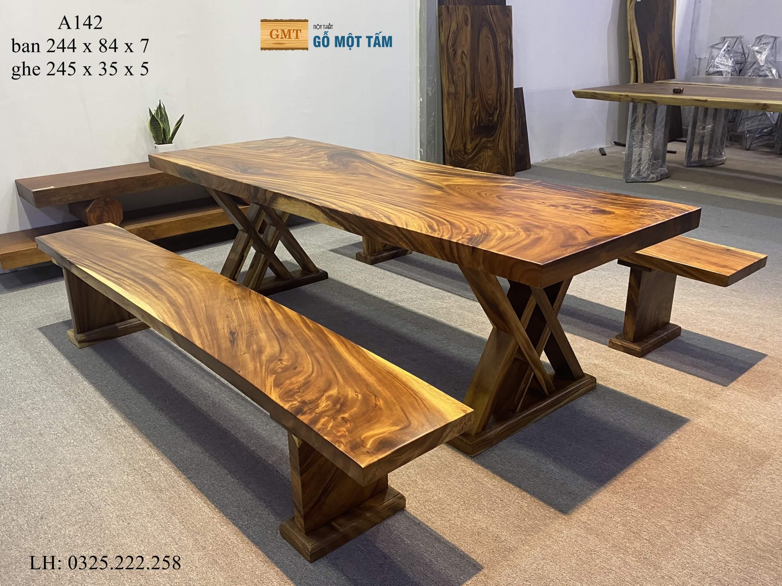 Bàn Cafe Gỗ Me Tây, Bàn Làm Việc Gỗ Me Tây, Bàn Gỗ Me Tây Nguyên Tấm Dài 2,44m Rộng 84cm Dày 7cm