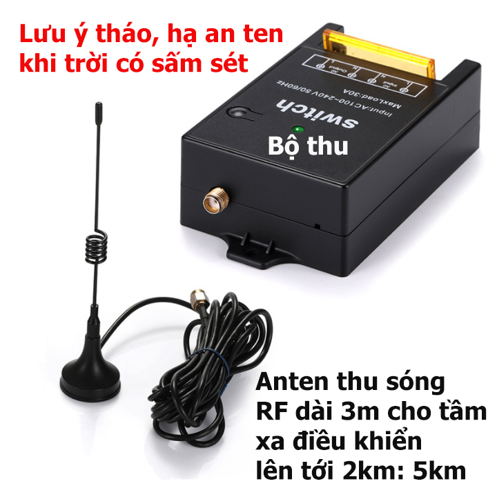 Công tắc điều khiển từ xa 5Km(5000m)/220V 30A có học lệnh tần số 433MHZ bật tắt máy bơm nước máy rửa xe công suất lớn