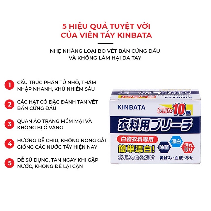 Hộp 10 Viên Giặt Tẩy Trắng Quần Áo Nhật Bản KINBATA Giúp Giặt Sạch Quần Áo, làm sáng quần áo bị ố vàng, vết bẩn khó giặt Hàng chính hãng