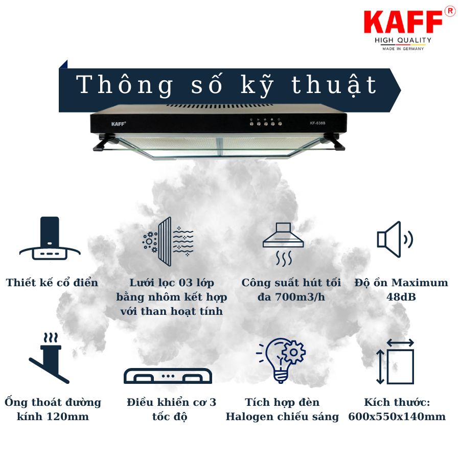 Máy hút mùi cổ điển màu đen 600mm KAFF KF_638B Tặng bộ lọc than thay thế _ Hàng Chính Hãng