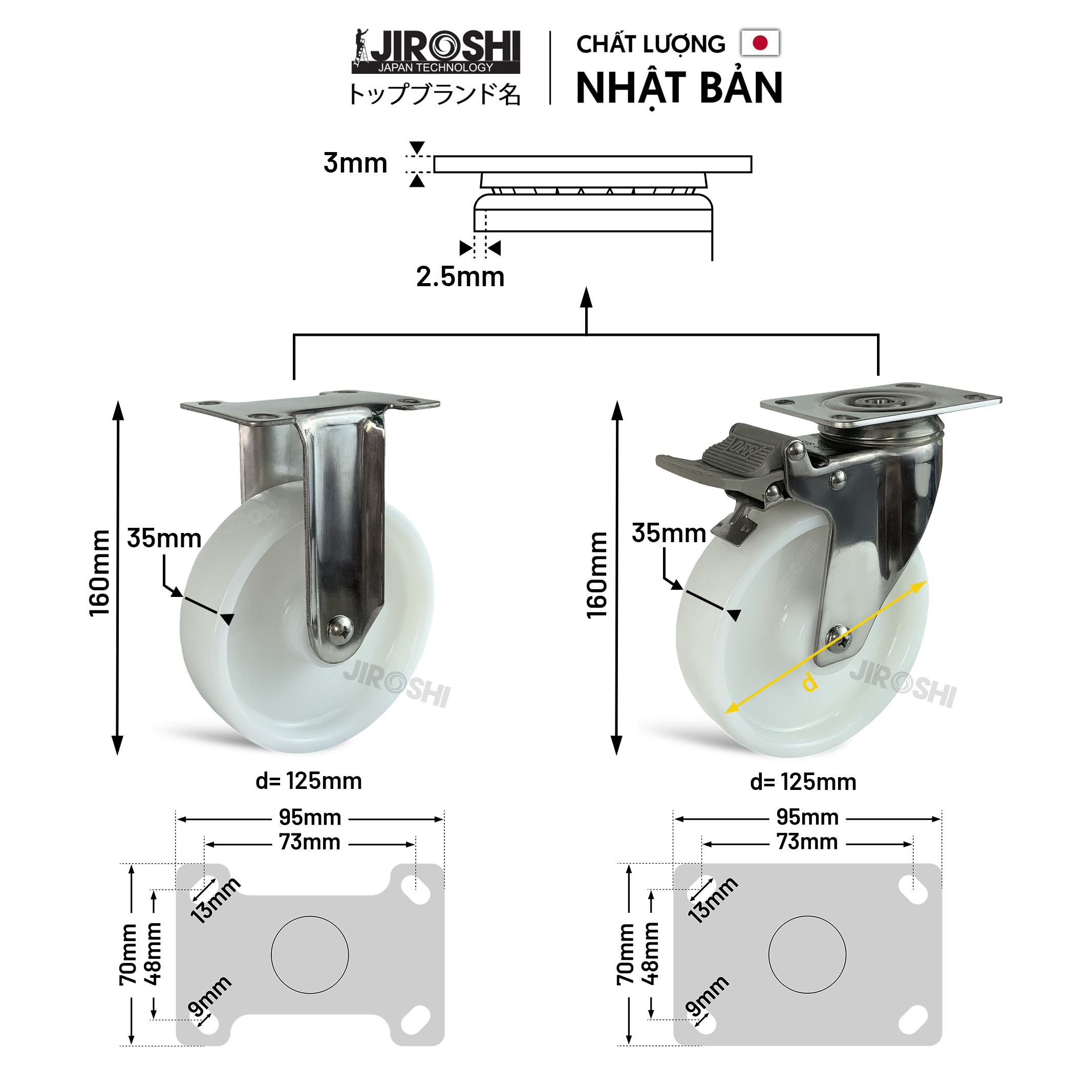 Bánh xe đẩy hàng tải trọng lớn chống hóa chất JIROSHI , Bánh xe có bạc đạn chịu nhiệt độ cao công nghệ nhật bản