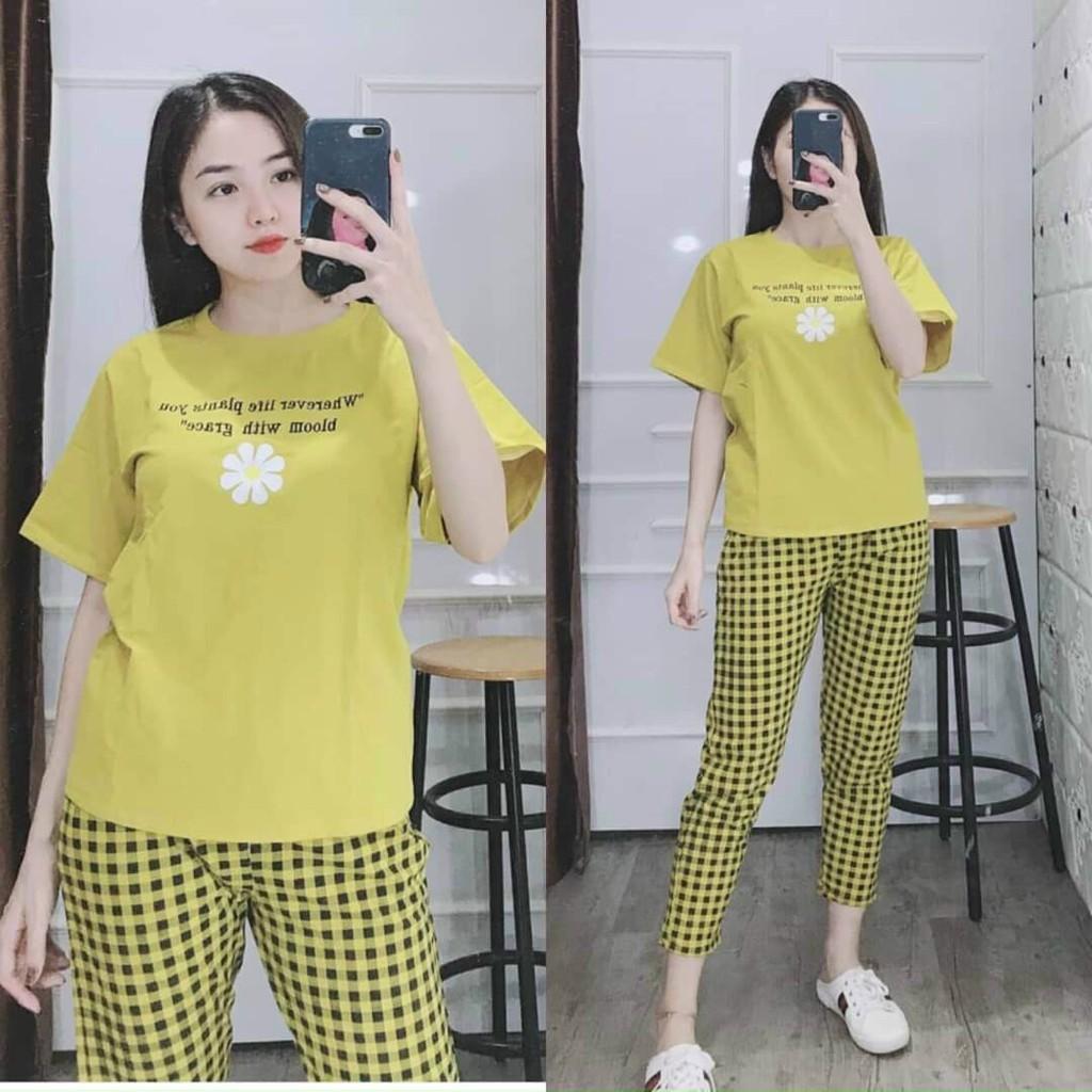 Đồ bộ nữ quần dài đồ mặc nhà đẹp caro hoa cúc thể thao Set đồ bộ thun cotton nữ bigsize trung niên 45 -85kg DB10 ESHOP