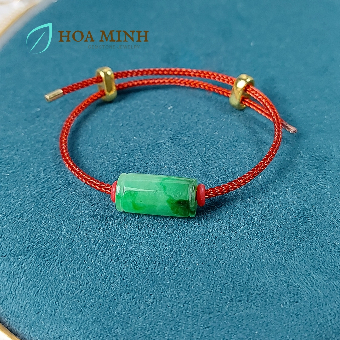 Vòng tay dây cáp đỏ phối lu thống Cẩm Thạch xanh lý táo size 9x18 li phong thủy may mắn